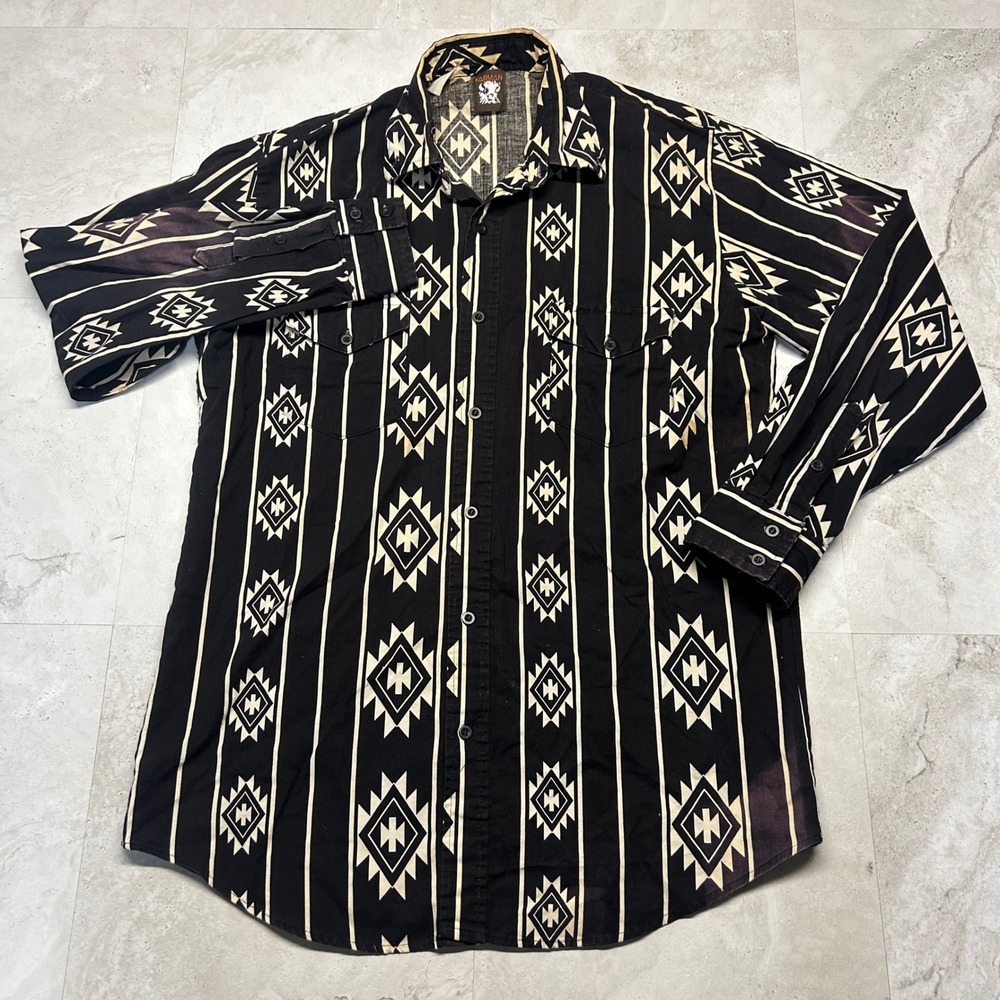 Karman Vintage Western Shirt Black Tribal Aztec Print Mens XL Distressed Cowboy